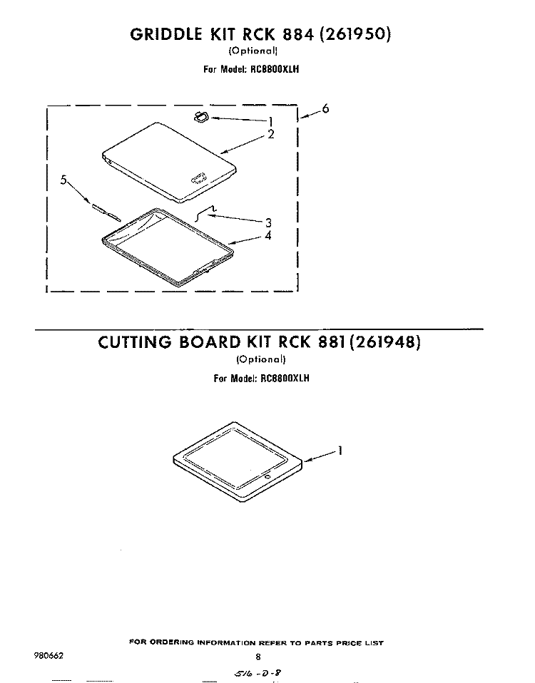 GRIDDLE RCK 884 (261950) , CUTTING Diagram and Parts List for RC8800XLH  Whirlpool Cooktop