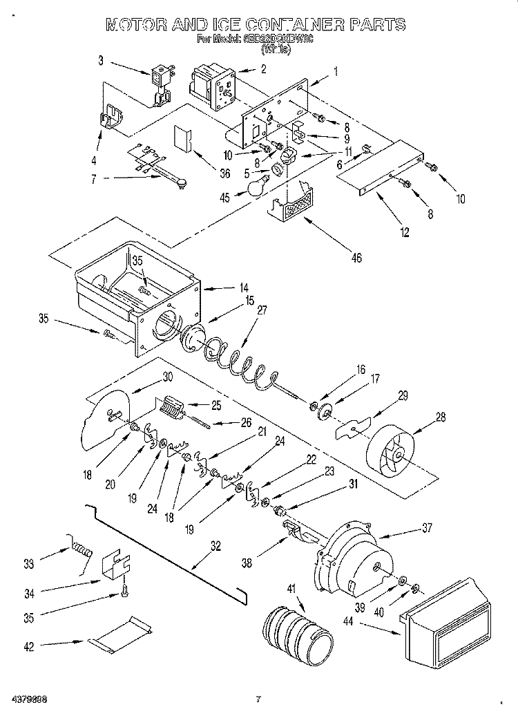 MOTOR AND ICE CONTAINER Diagram and Parts List for 6ED22DQXDW00  Whirlpool Refrigerator