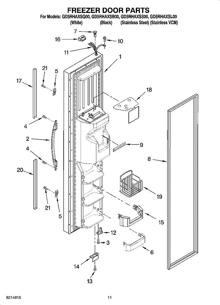 FREEZER DOOR PARTS Diagram and Parts List for GD5RHAXSL00  Whirlpool Refrigerator