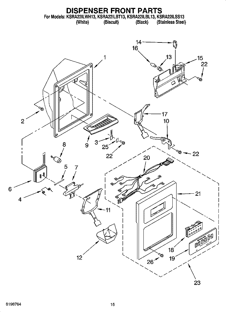DISPENSER FRONT PARTS Diagram and Parts List for KSRA22ILBL13  KitchenAid Refrigerator