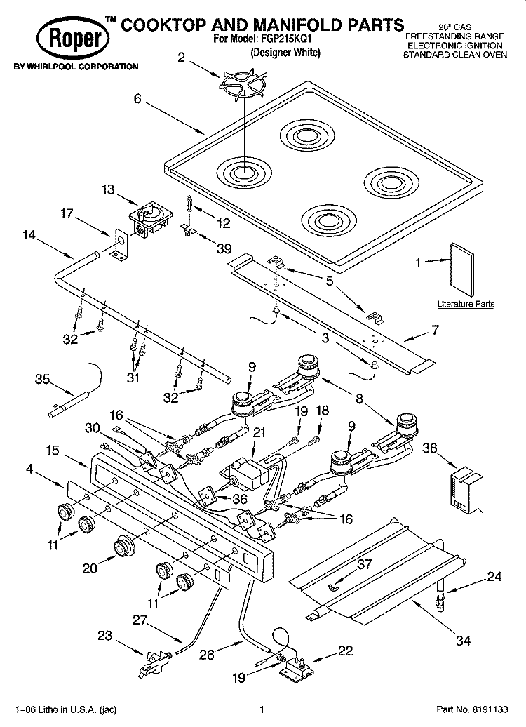 COOKTOP AND MANDIFOLD PARTS Diagram and Parts List for FGP215KQ1  Roper Range