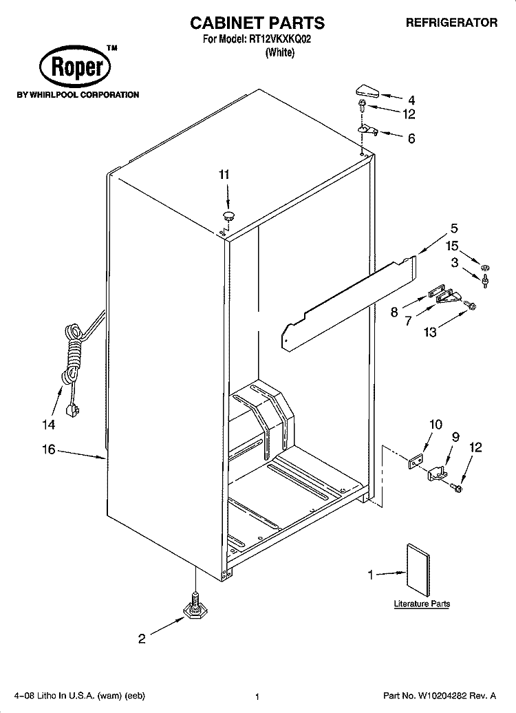 CABINET PARTS Diagram and Parts List for RT12VKXKQ02  Roper Refrigerator