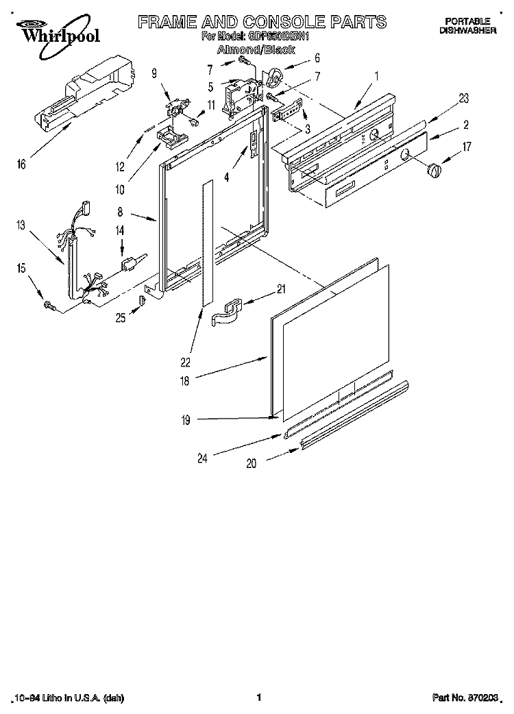 FRAME AND CONSOLE Diagram and Parts List for GDP8500XBN1  Whirlpool Dishwasher
