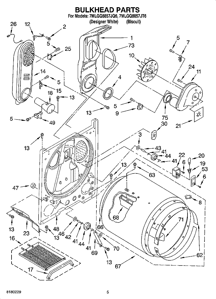 BULKHEAD PARTS Diagram and Parts List for 7MLGQ8857JQ6  Whirlpool Dryer