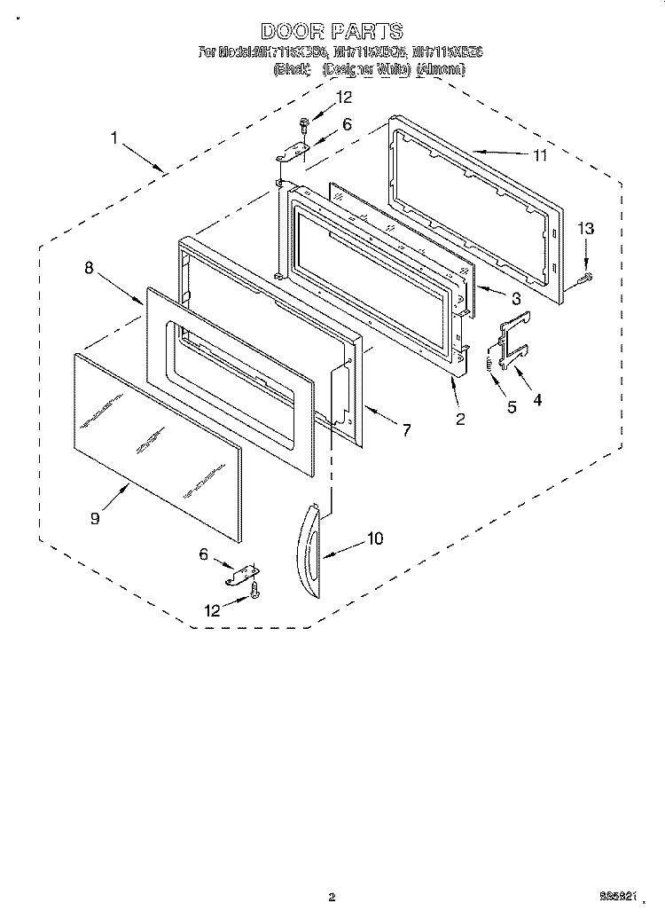 DOOR Diagram and Parts List for MH7115XBQ6  Whirlpool Microwave