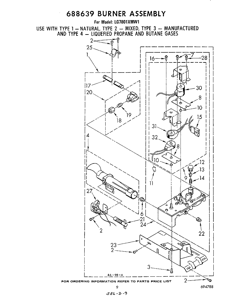 688639 BURNER Diagram and Parts List for LG7801XMW1  Whirlpool Dryer