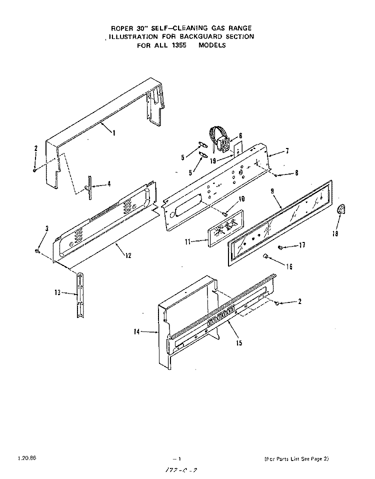 MAIN TOP Diagram and Parts List for 1355W0A  Roper Range