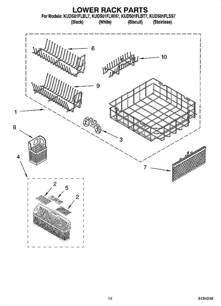 LOWER RACK PARTS, OPTIONAL PARTS (NOT INCLUDED) Diagram and Parts List for KUDS01FLBL7  KitchenAid Dishwasher