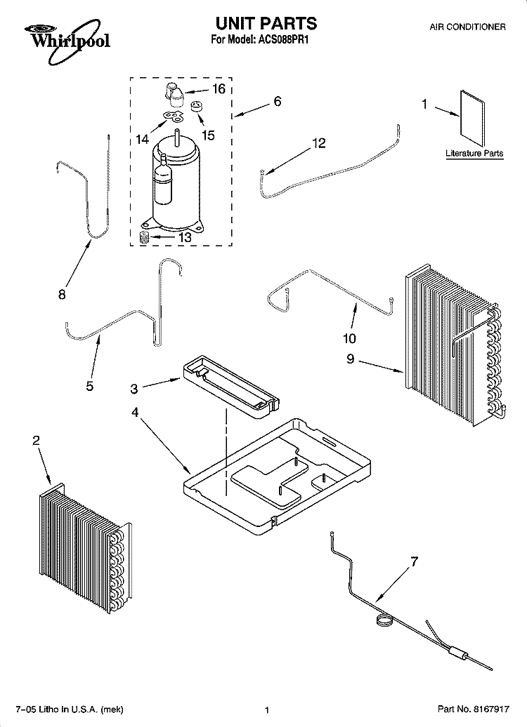 UNIT PARTS Diagram and Parts List for ACS088PR1  Whirlpool Air Conditioner