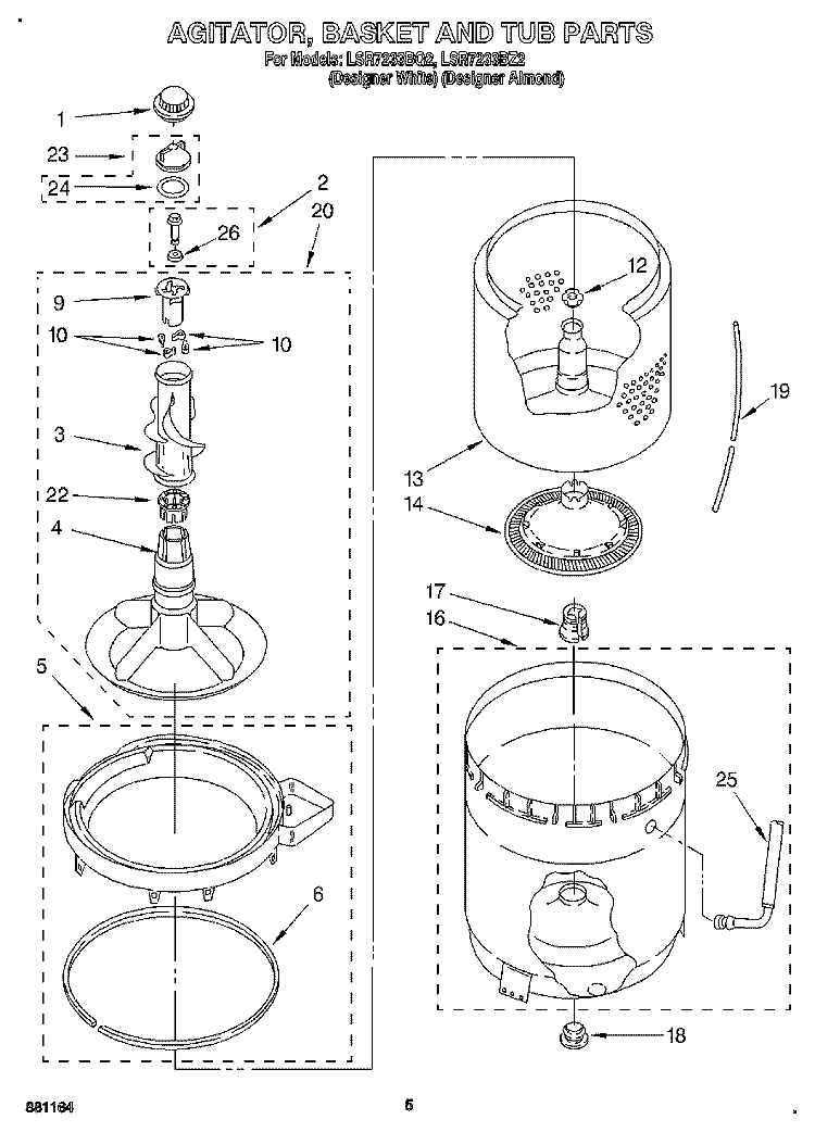 AGITATOR, BASKET AND TUB Diagram and Parts List for LSR7233BQ2  Whirlpool Washer