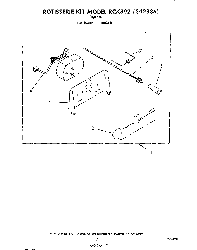 ROTISSERIE KIT RCK 892 Diagram and Parts List for RC8300XLH  Whirlpool Cooktop