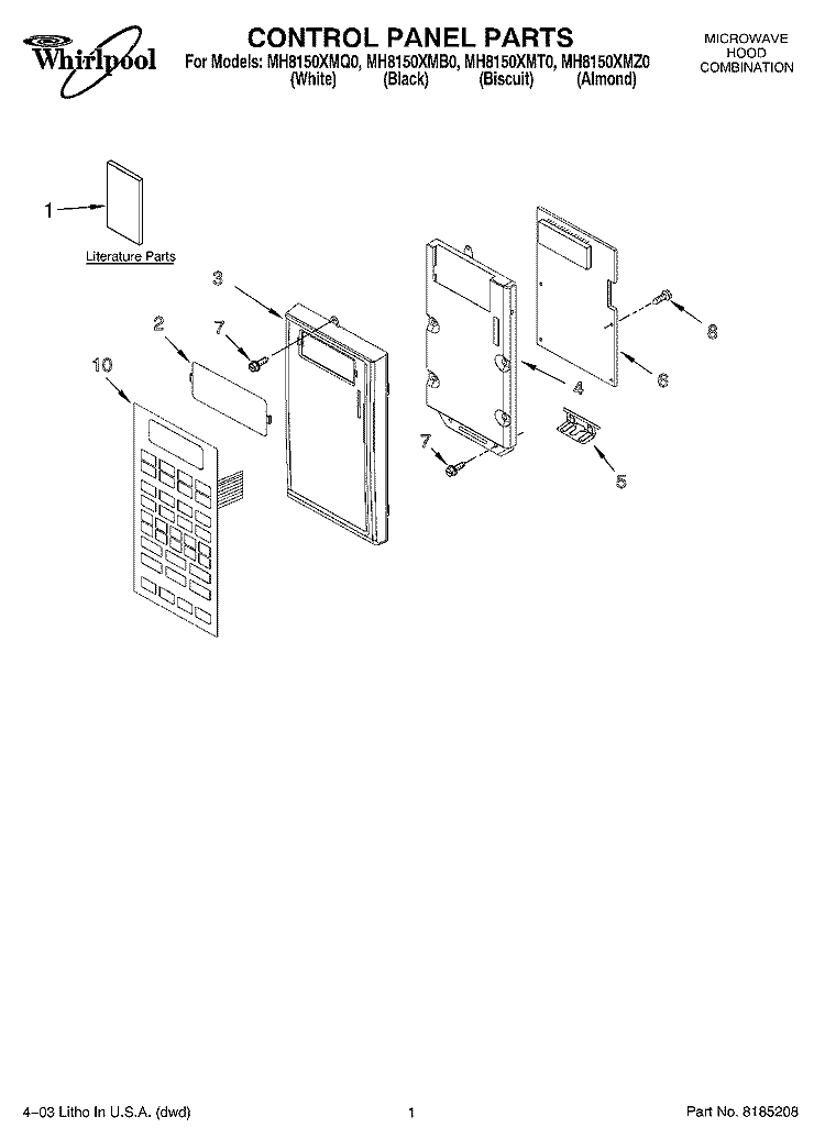 CONTROL PANEL PARTS Diagram and Parts List for MH8150XMB0  Whirlpool Microwave