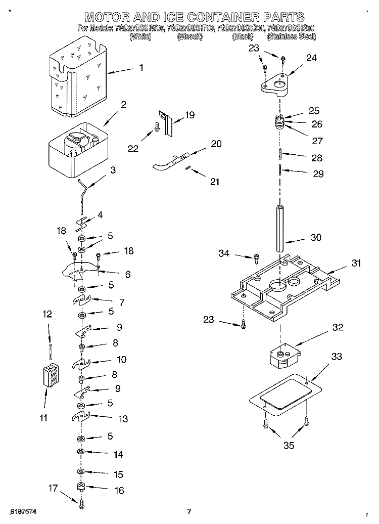 MOTOR AND ICE CONTAINER Diagram and Parts List for 7GD27DIXHT00  Whirlpool Refrigerator