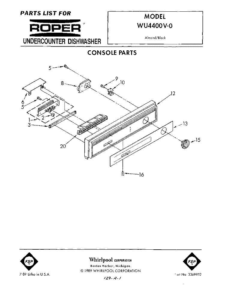 CONSOLE Diagram and Parts List for WU4400V0  Roper Dishwasher