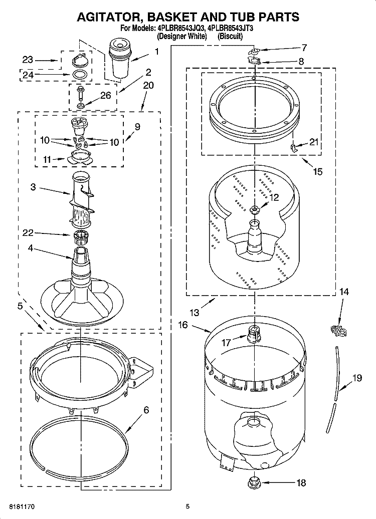 AGITATOR, BASKET AND TUB PARTS Diagram and Parts List for 4PLBR8543JQ3  Whirlpool Washer