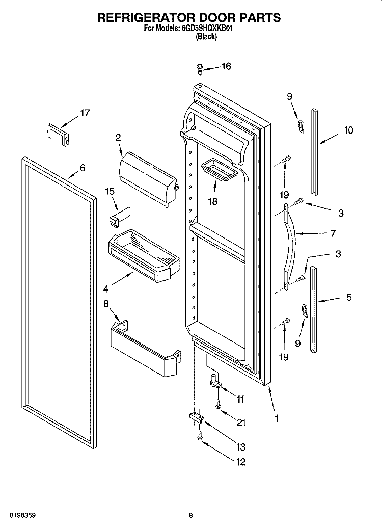 REFRIGERATOR DOOR PARTS Diagram and Parts List for 6GD5SHQXKB01  Whirlpool Refrigerator