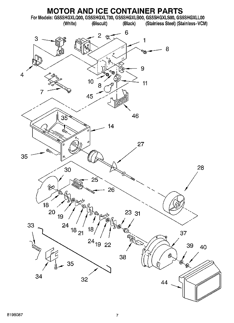 MOTOR AND ICE CONTAINER Diagram and Parts List for GS5SHGXLQ00  Whirlpool Refrigerator