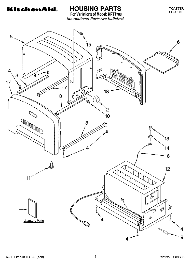 HOUSING PARTS Diagram and Parts List for KPTT780  KitchenAid Toaster