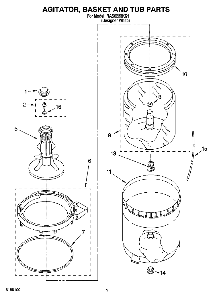 AGITATOR, BASKET AND TUB PARTS Diagram and Parts List for RAS6233KQ1  Roper Washer
