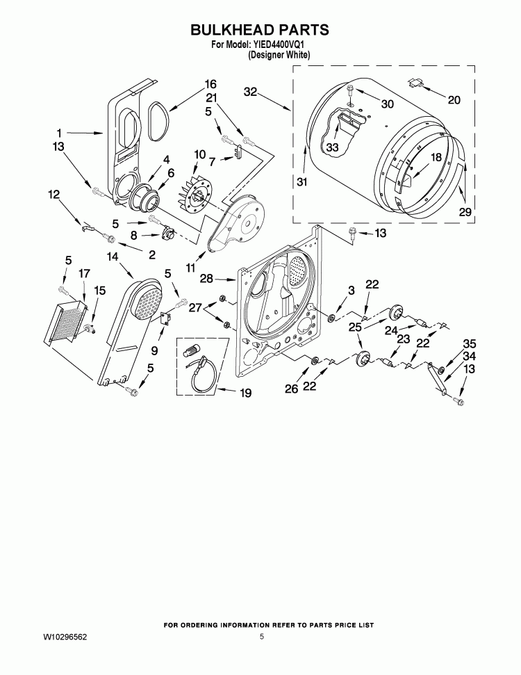 BULKHEAD PARTS Diagram and Parts List for YIED4400VQ1  Inglis Dryer