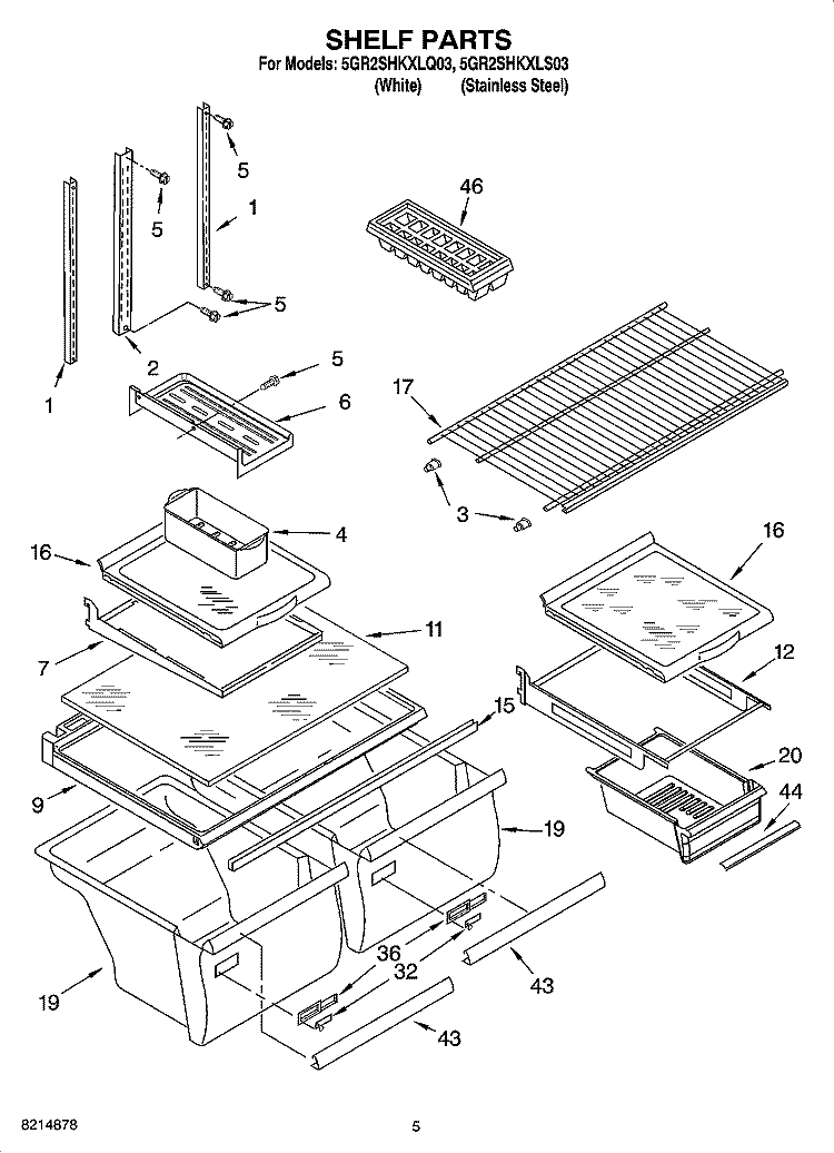 SHELF PARTS Diagram and Parts List for 5GR2SHKXLQ03  Whirlpool Refrigerator