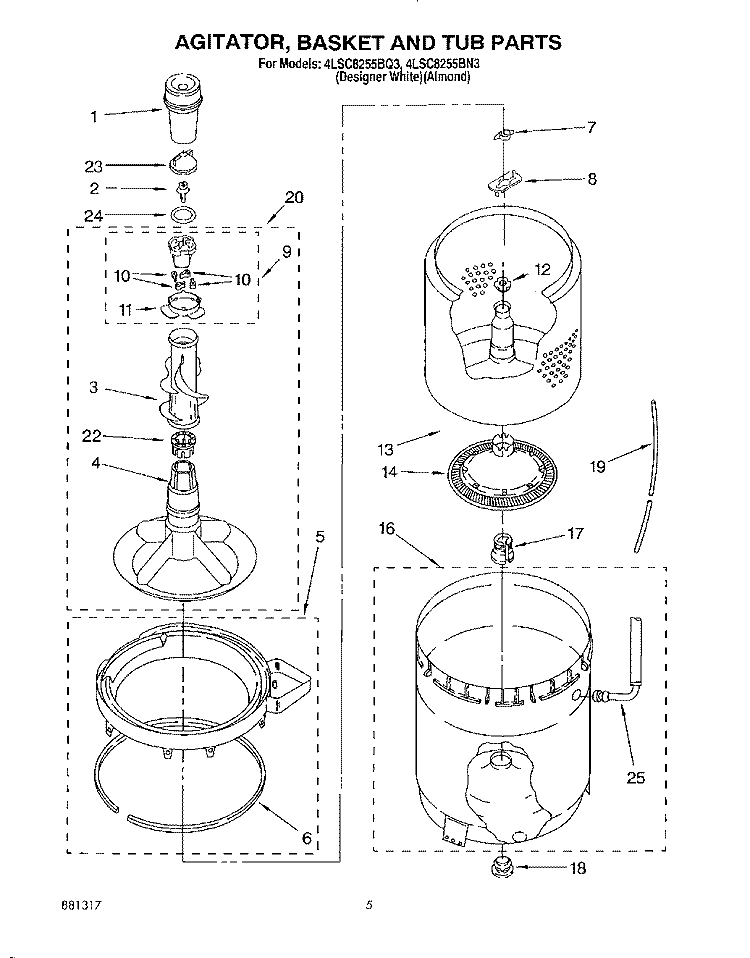 AGITATOR, BASKET AND TUB Diagram and Parts List for 4LSC8255BQ3  Whirlpool Washer