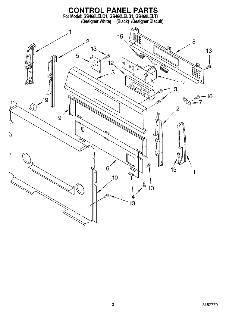 CONTROL PANEL PARTS Diagram and Parts List for GS460LELT1  Whirlpool Range