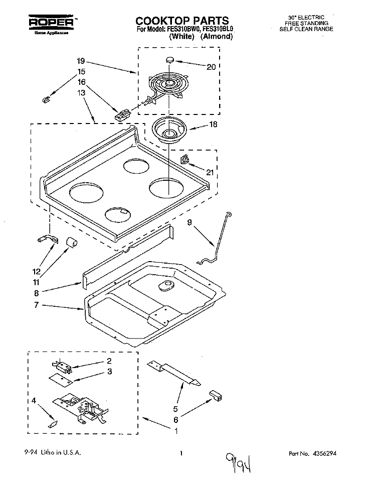 COOKTOP Diagram and Parts List for FES310BL0  Roper Range