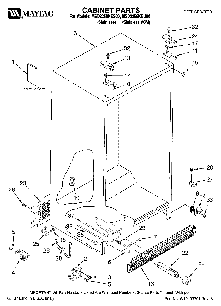 CABINET PARTS Diagram and Parts List for MSD2258KEU00  Whirlpool Refrigerator