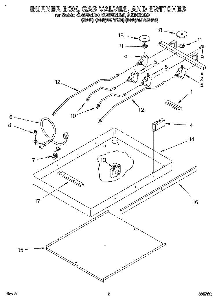 BURNER BOX, GAS VALVES, AND SWITCHES Diagram and Parts List for SC8640EDQ0  Whirlpool Range