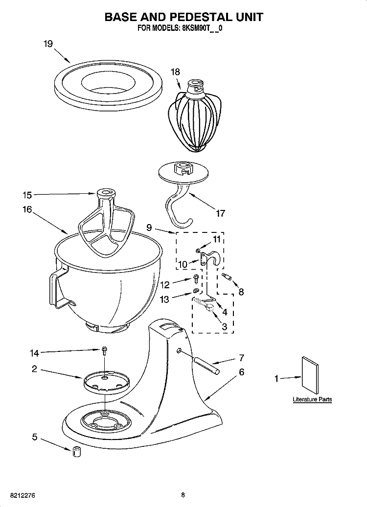 BASE AND PEDESTAL UNIT, OPTIONAL PARTS Diagram and Parts List for 8KSM90TWH0  KitchenAid Mixer