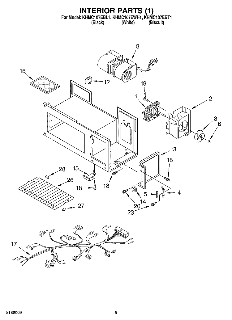 INTERIOR PARTS 1 Diagram and Parts List for KHMC107EBL1  KitchenAid Microwave