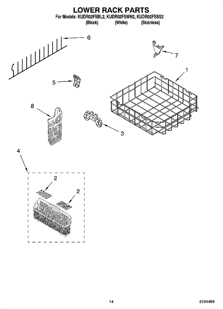 LOWER RACK PARTS, OPTIONAL PARTS (NOT INCLUDED) Diagram and Parts List for KUDR02FSBL2  KitchenAid Dishwasher