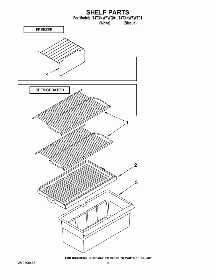 SHELF PARTS Diagram and Parts List for T4TXNWFWQ01  Estate Refrigerator