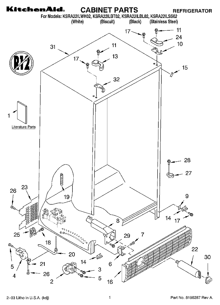 CABINET PARTS Diagram and Parts List for KSRA22ILBL02  KitchenAid Refrigerator