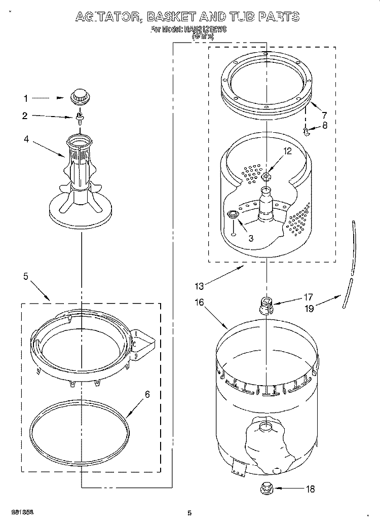 AGITATOR, BASKET AND TUB Diagram and Parts List for RAB3121EW0  Roper Washer