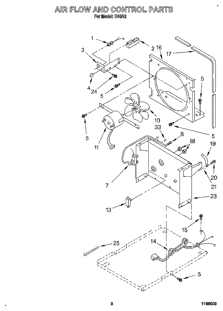 AIR FLOW AND CONTROL Diagram and Parts List for D40A2  Whirlpool Dehumidifier