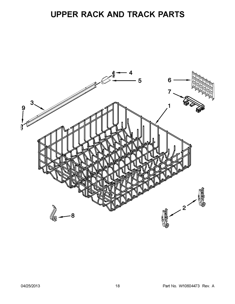 UPPER RACK AND TRACK PARTS Diagram and Parts List for ADB1400PYB2  Whirlpool Dishwasher