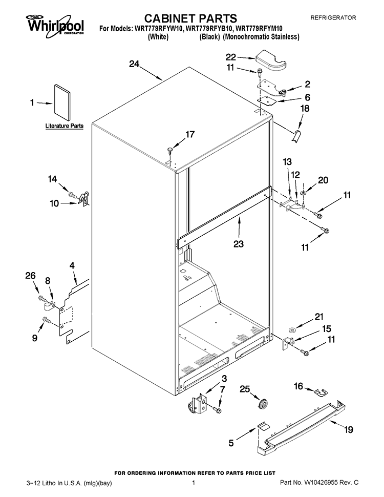 CABINET PARTS Diagram and Parts List for WRT779RFYM10  Whirlpool Refrigerator