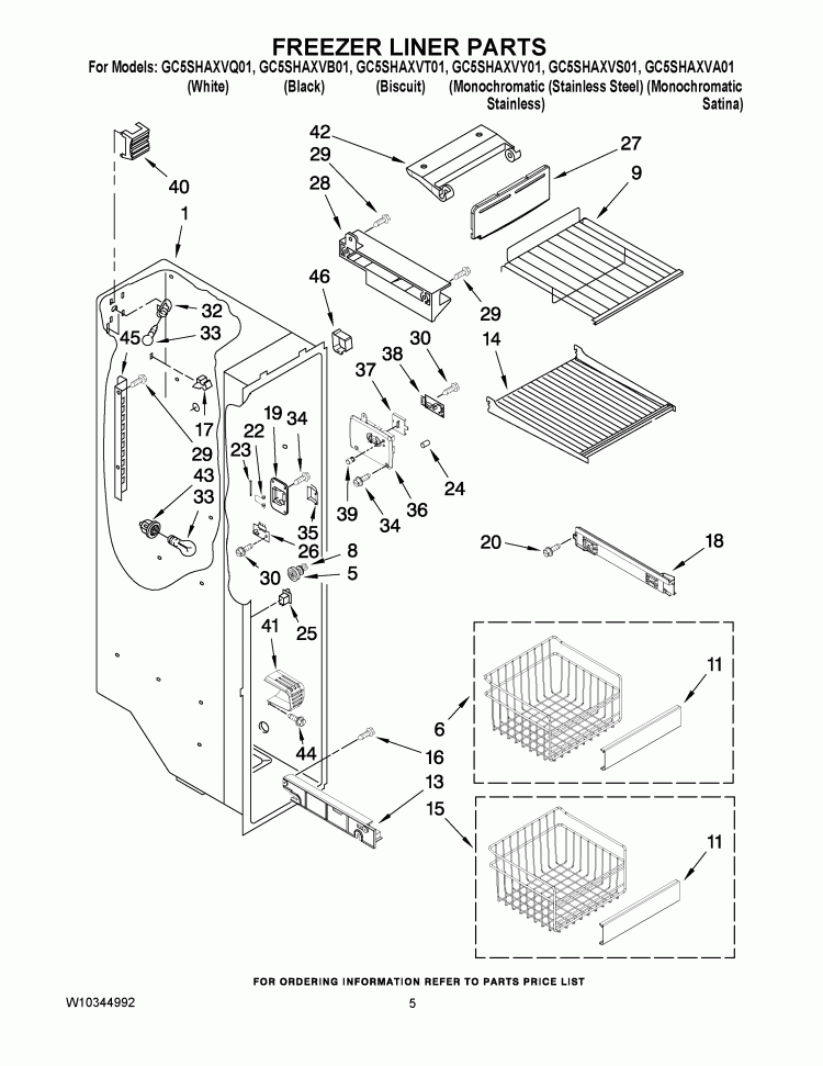 FREEZER LINER PARTS Diagram and Parts List for GC5SHAXVY01  Whirlpool Refrigerator