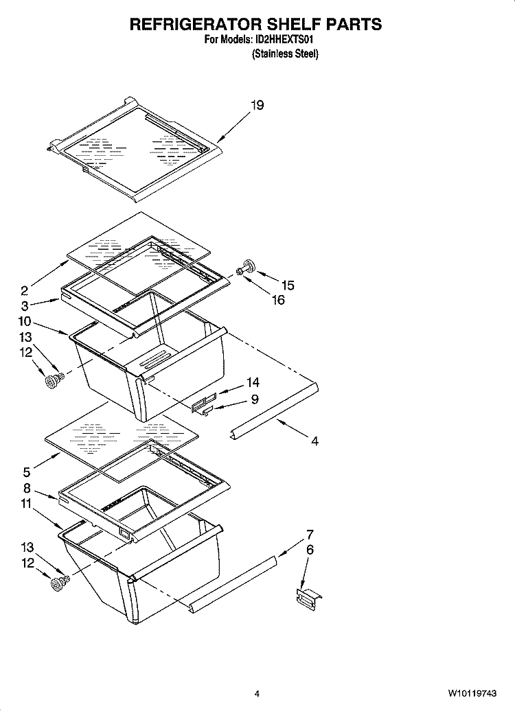 REFRIGERATOR SHELF PARTS Diagram and Parts List for ID2HHEXTS01  Whirlpool Refrigerator