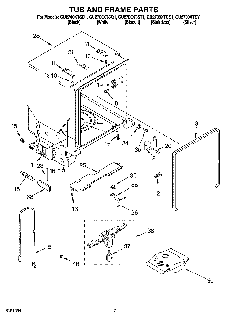 TUB AND FRAME PARTS Diagram and Parts List for GU2700XTSQ1  Whirlpool Dishwasher