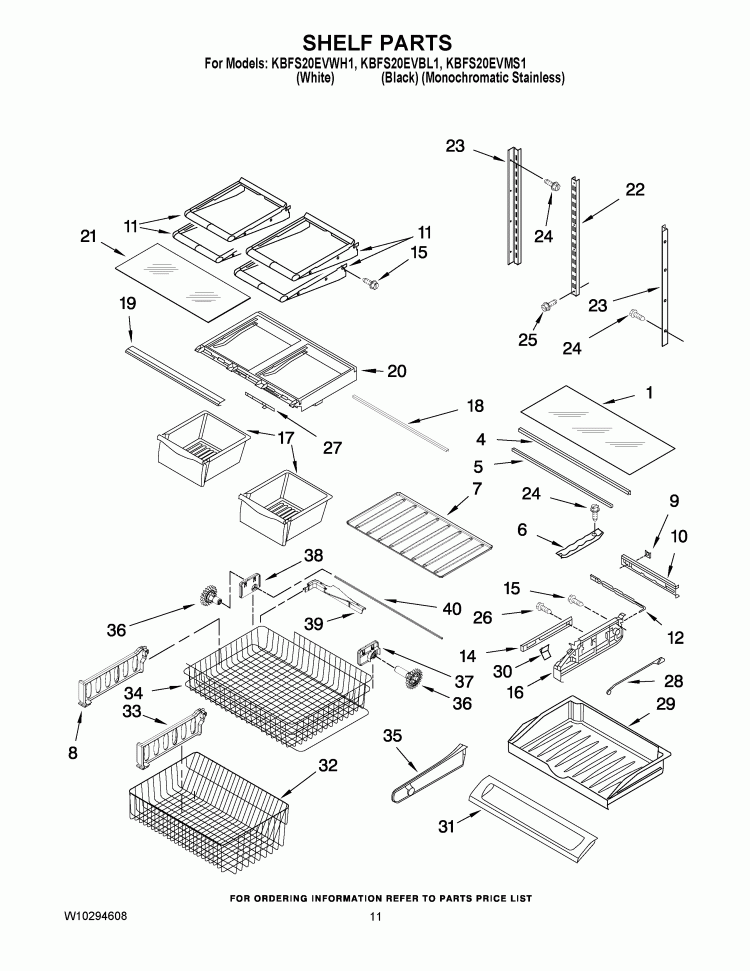 SHELF PARTS Diagram and Parts List for KBFS20EVBL1  KitchenAid Refrigerator
