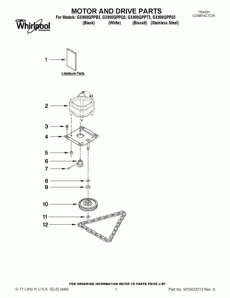 MOTOR AND DRIVE PARTS Diagram and Parts List for GX900QPPT3  Whirlpool Trash Compactor
