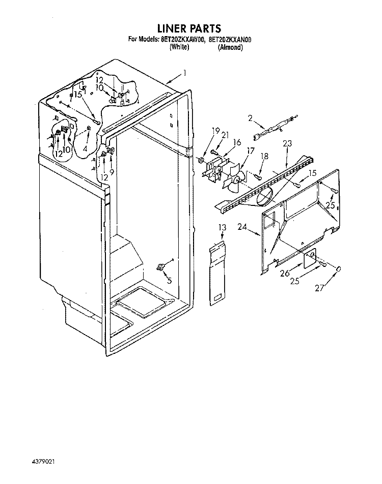LINER Diagram and Parts List for 8ET20ZKXAN00  Whirlpool Refrigerator