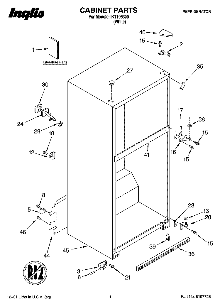 CABINET PARTS Diagram and Parts List for IKT196300  Inglis Refrigerator