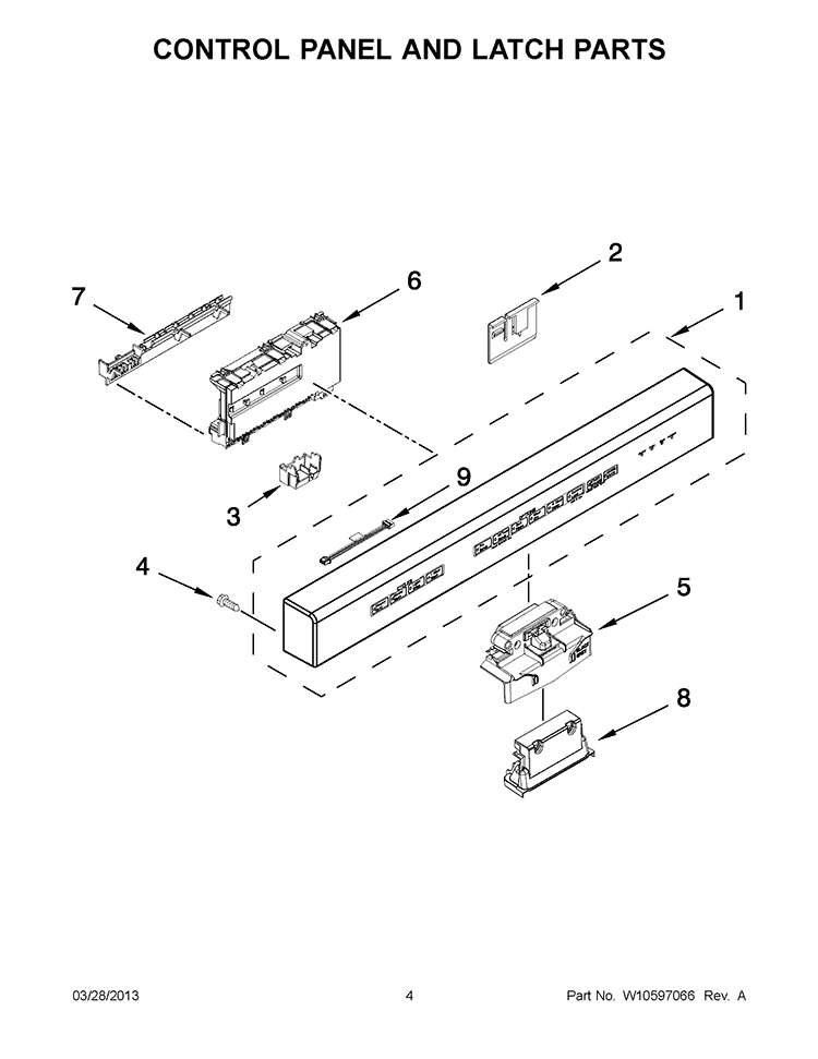 CONTROL PANEL AND LATCH PARTS Diagram and Parts List for KUDS30IXSS9  KitchenAid Dishwasher