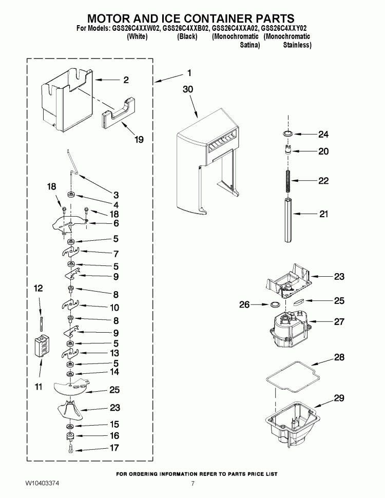 MOTOR AND ICE CONTAINER PARTS Diagram and Parts List for GSS26C4XXA02  Whirlpool Refrigerator