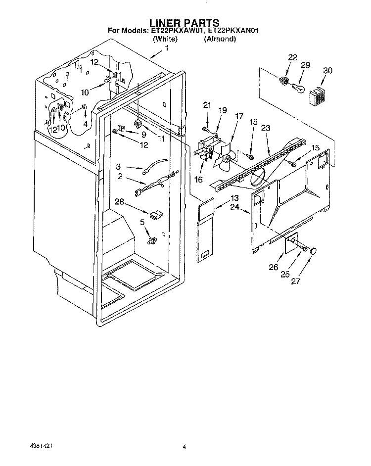 LINER Diagram and Parts List for ET22PKXAN01  Whirlpool Refrigerator