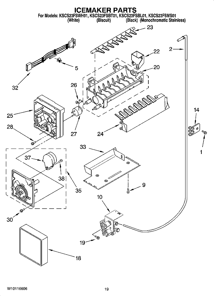 ICEMAKER PARTS, OPTIONAL PARTS (NOT INCLUDED) Diagram and Parts List for KSCS23FSBT01  KitchenAid Refrigerator